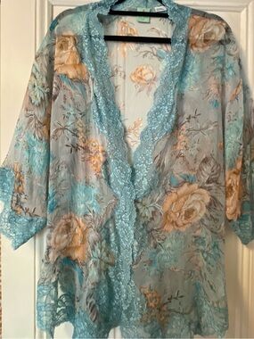Mary Green | Aqua & Peach Silk Robe w/Lace Trim, OS ♥ EUC